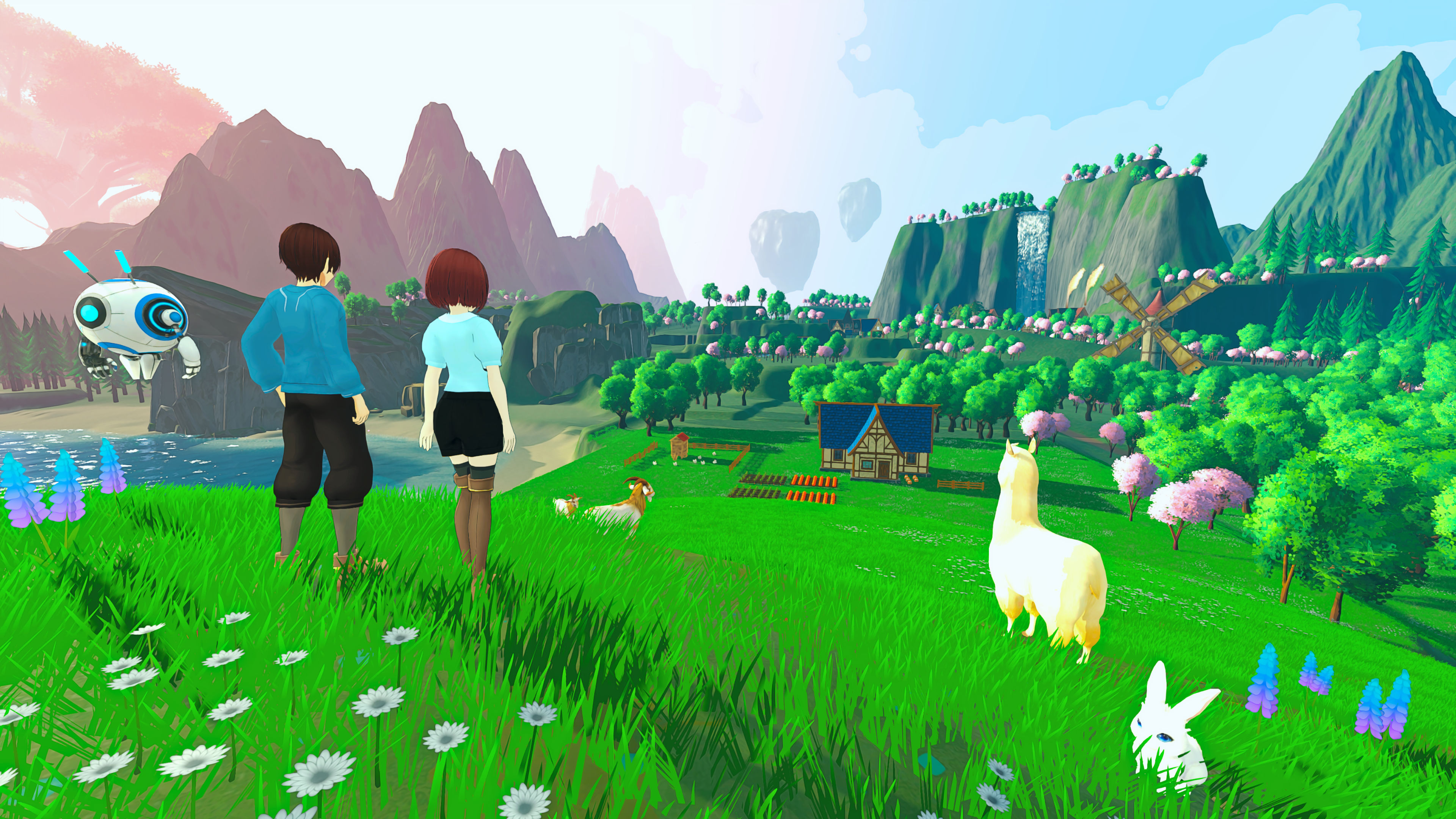 Dewlight Horizon characters overlooking a bright homestead valley.